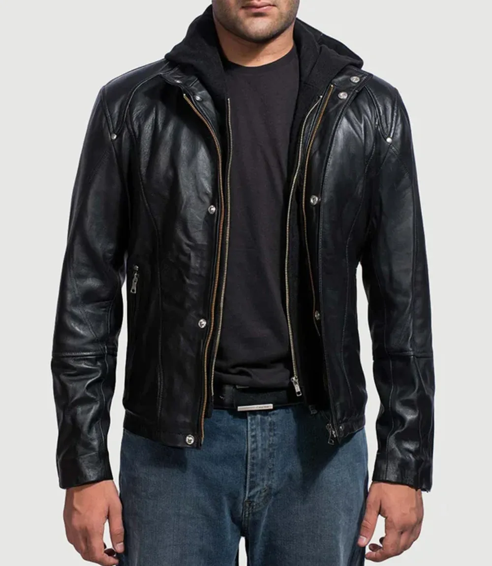 Men's Black Hooded Leather Jacket