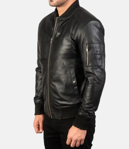 Leather Bomber Jacket Black Mens