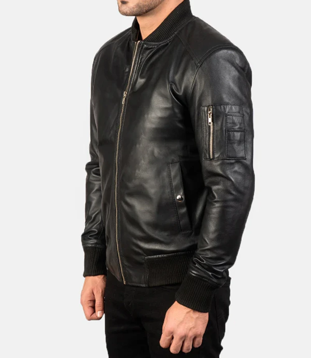 Leather Bomber Jacket Black Mens
