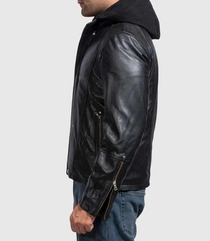 Men's Black Hooded Leather Jacket New