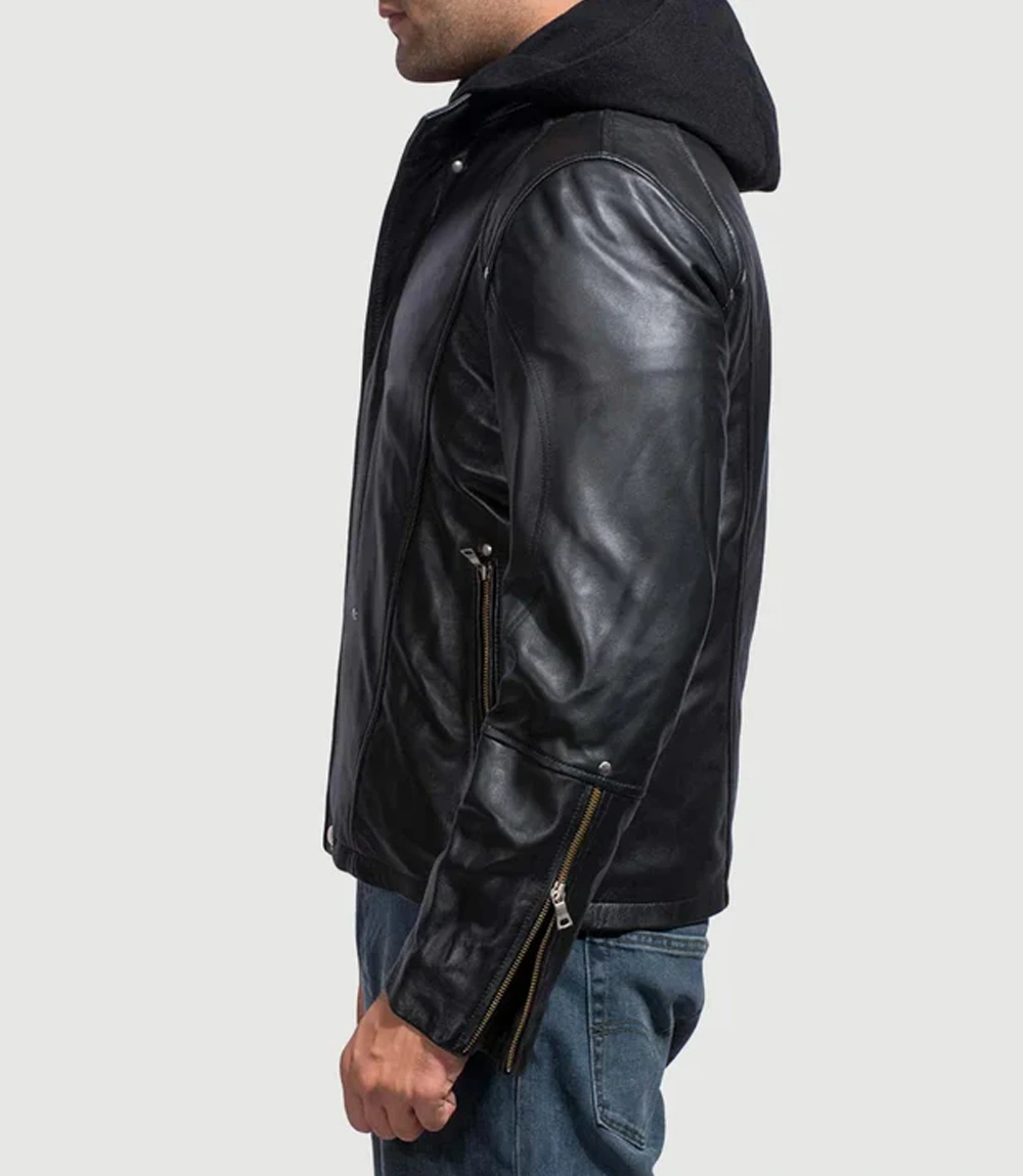 Men's Black Hooded Leather Jacket New