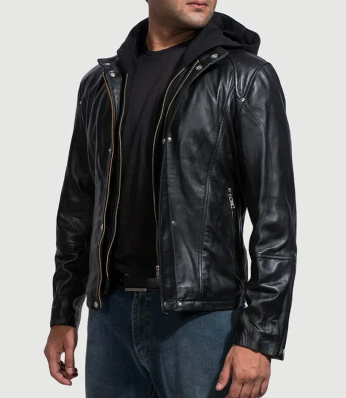 Trendy Men's Black Hooded Leather Jacket