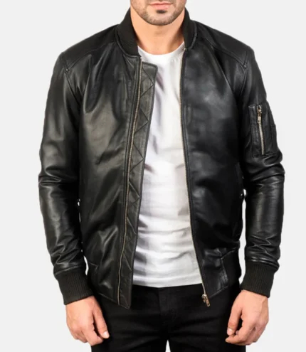 Black Leather Men's Bomber Jacket