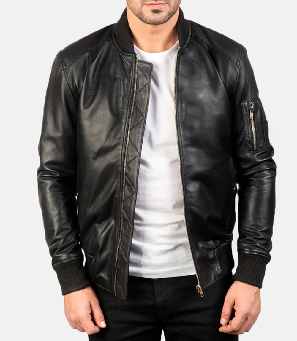 Black Leather Men's Bomber Jacket