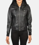 Womens Hooded Leather Bomber Jacket Black
