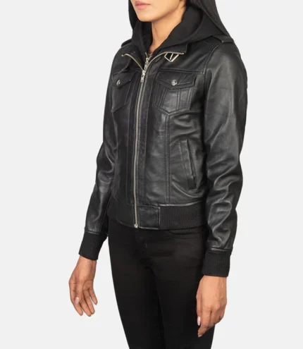 Women's Black Hooded Leather Jacket