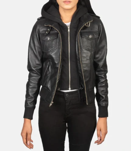Women's Black Hooded Leather Bomber Jacket